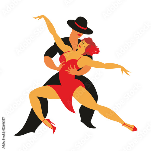 lady in a red dress and the gentleman in a hat dance the Argentina tango