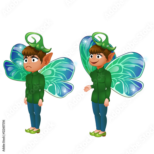 Smiling and sad boy leprechaun in green suit