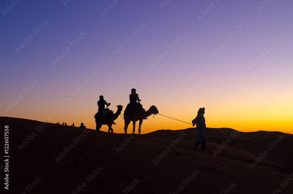 Sunset with caravan on Sahara desert