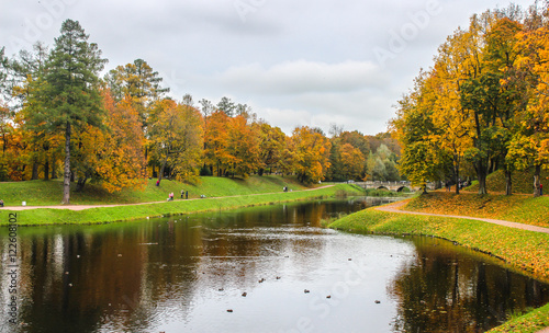 Autumn landscape. Park with lake.