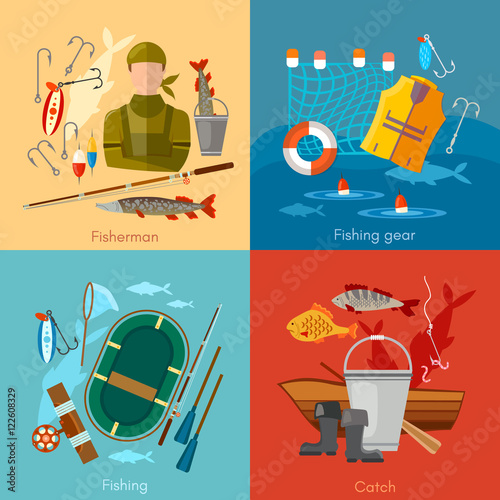 Professional fishing icon set fishing rod, hooks