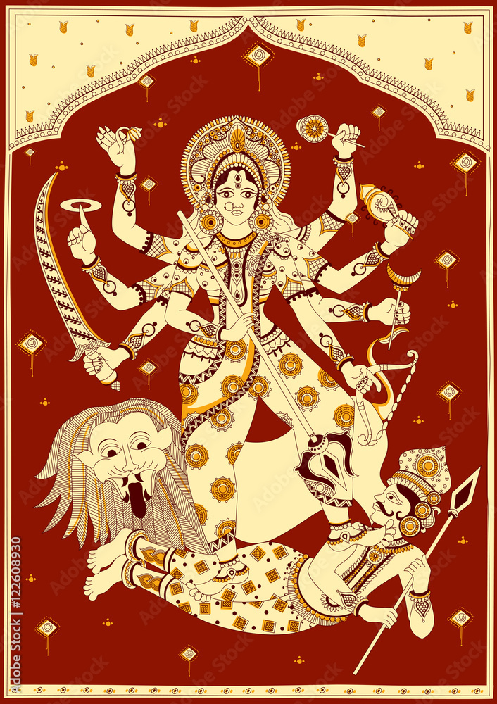 Goddess Durga killing demon Mahishasura for Happy Vijayadashami Dussehra