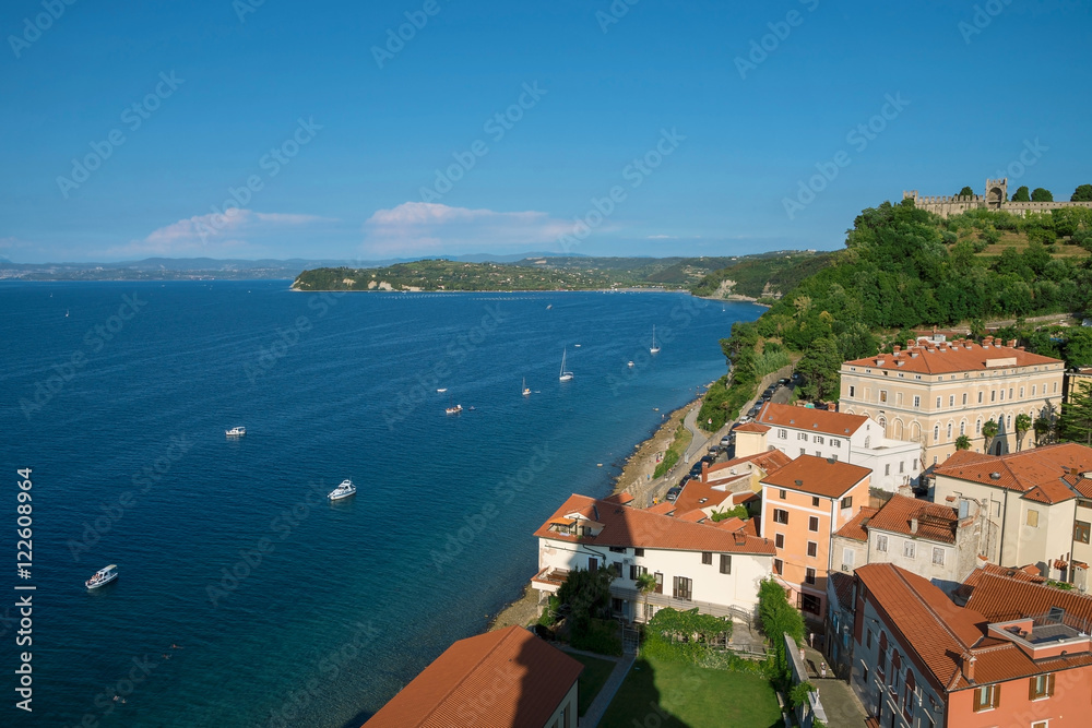 Above view of Piran with castle and boats, Slovenia