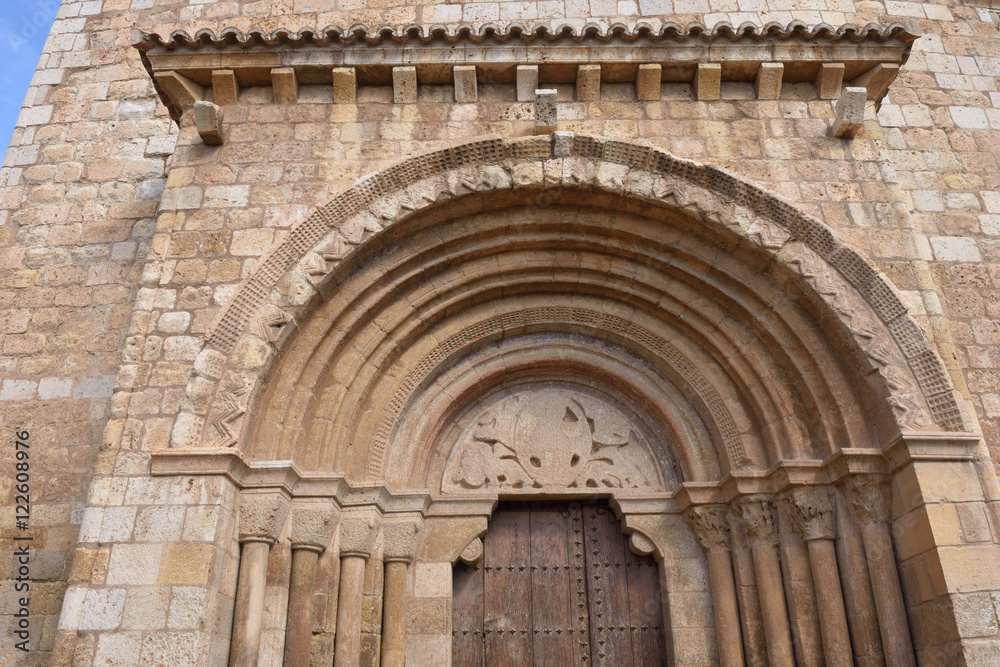 Detail of Romanesque portal of the church of San Miguel Doroca, Zaragoza province,Spain