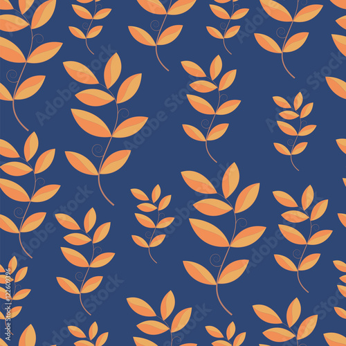Branches with yellow leaves on a blue background. Eps10 vector illustration. Seamless pattern.