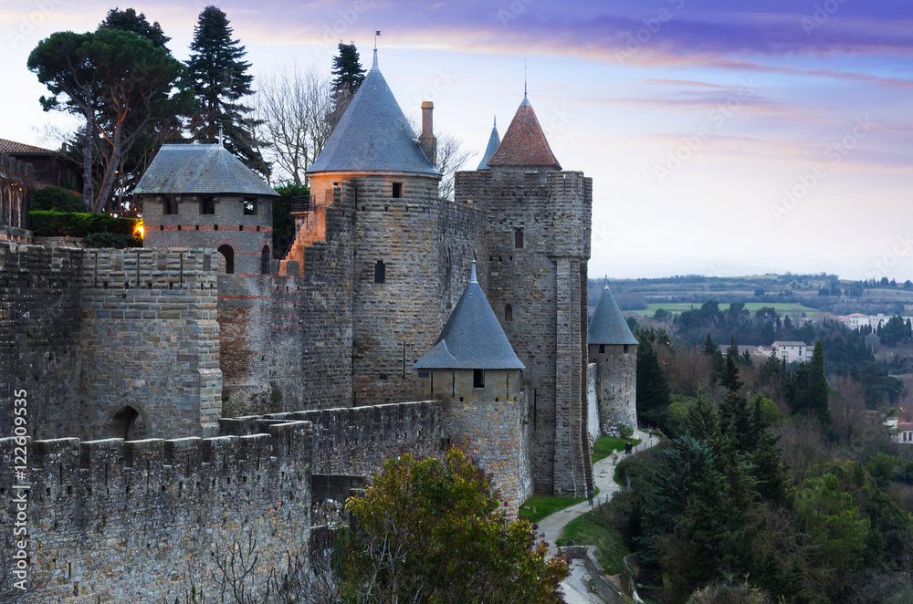  Medieval  fortress walls in evening time.  Carcassonne