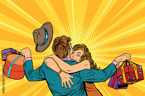 Wife hugs her husband with gifts