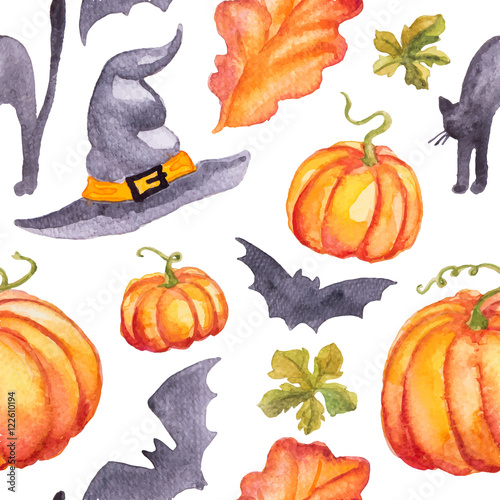 Seamless pattern wirh watercolor pumpkins, hat abd bats