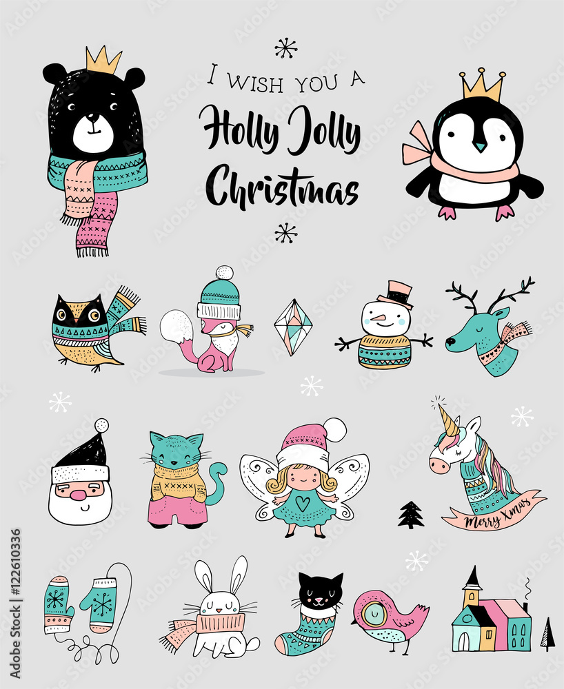 Christmas hand drawn cute doodles, stickers, illustrations. Penguin, bear, cat and Santa