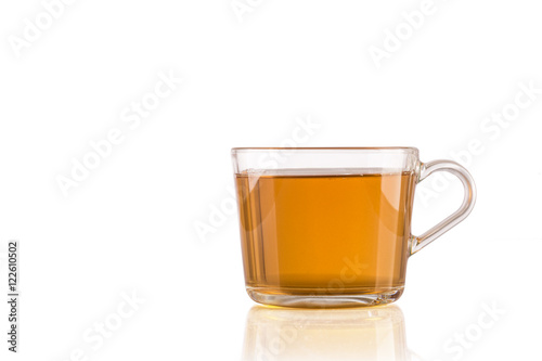 Transparent cup of tea on isolated white background