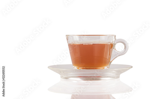 Transparent cup of tea on isolated white background