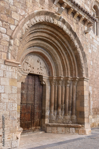 Detail of Romanesque portal of the church of San Miguel, Doroca, Zaragoza province,Spain