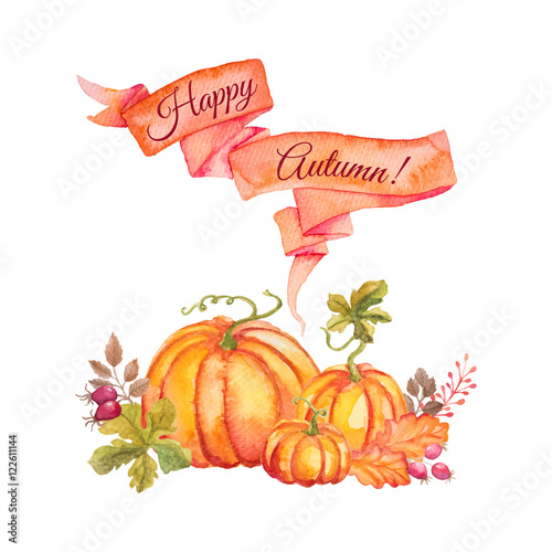 Watercolor pumpkins with leaves and ribbon