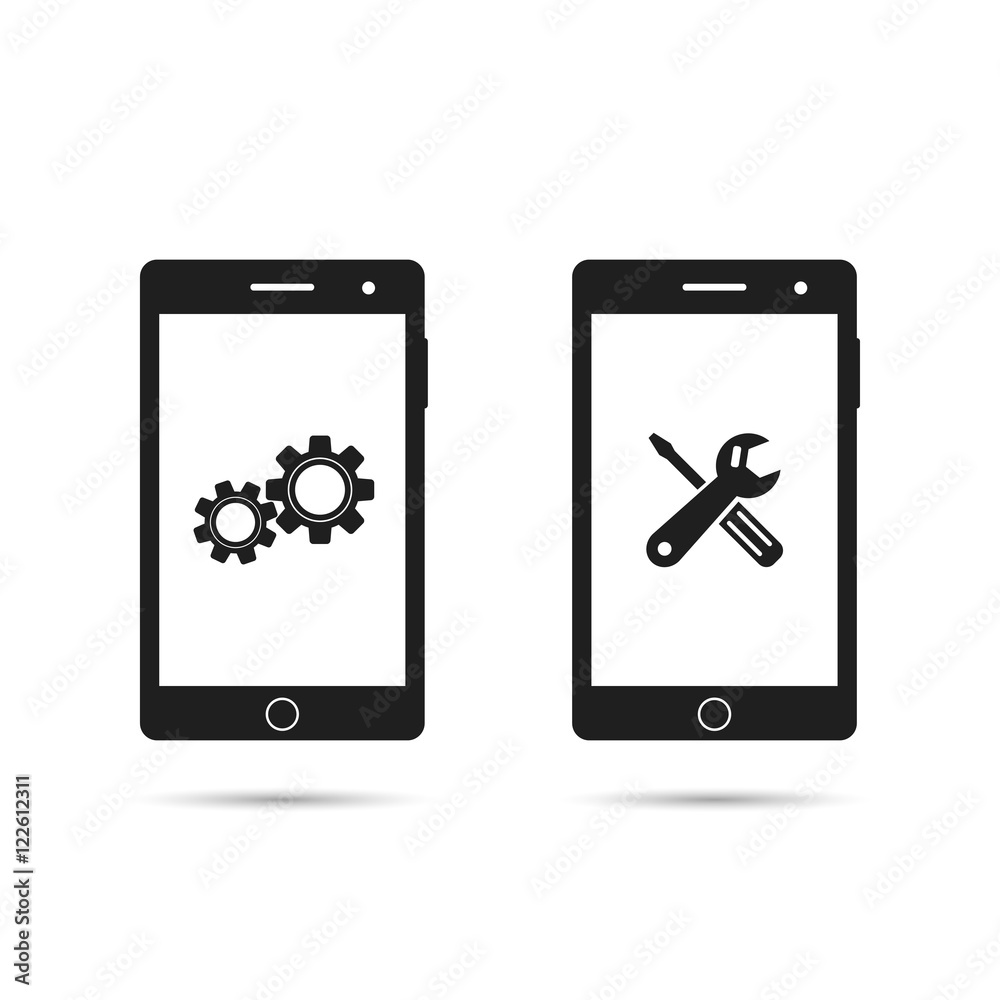 Mobile phone repair icon. Smartphone repairing logo set. Technical support, cellphone repair service. Vector isolated illustration. Mobile phone repair icon. Smartphone repairing logo set. Technical support, cellphone repair service. Vector isolated illustration.