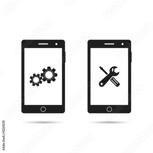 Mobile phone repair icon. Smartphone repairing logo set. Technical support, cellphone repair service. Vector isolated illustration.