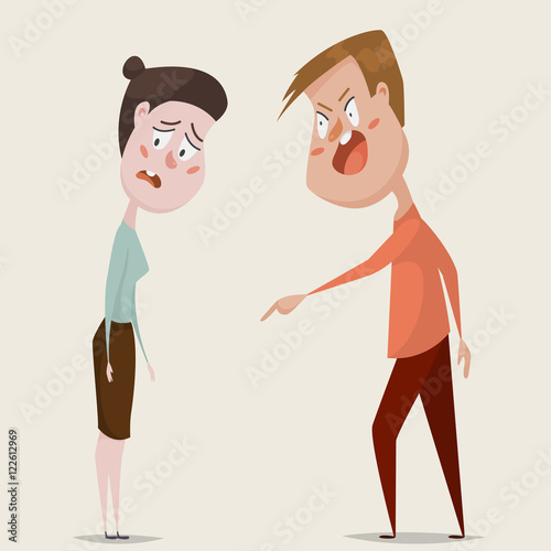 Family conflict. Aggressive man threats and shouts on oppressed woman in anger. Emotional concept of aggression, tyranny and despotism. Negative emotions. Cartoon characters. Vector illustration
