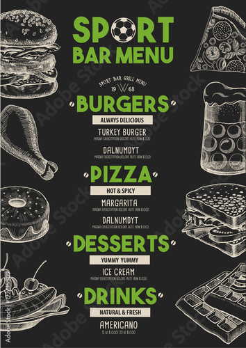 Menu sport bar restaurant, food template placemat.