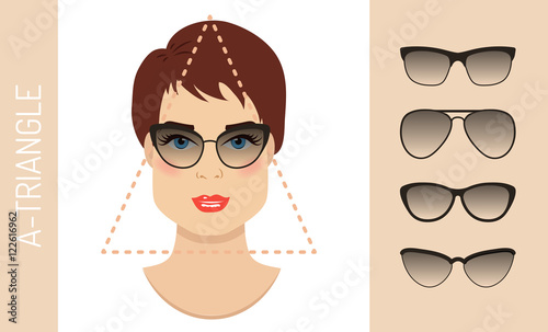 Woman sunglasses shapes for a-triangle women face type. Various forms of summer glasses for a-triangle face. Fashion collection. Vector set.