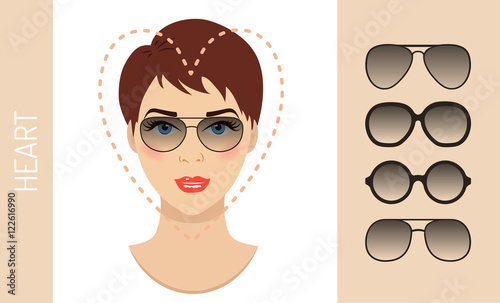 Woman sunglasses shapes for heart women face type. Various forms of summer glasses for heart face. Fashion collection. Vector set.