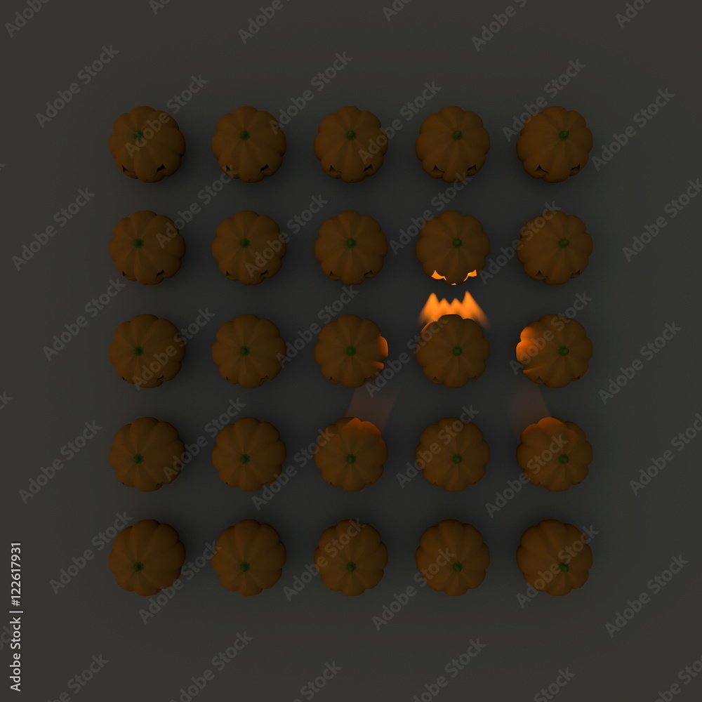 3d illustration rendering of multiple Halloween pumpkins square grid with one illuminated 3d illustration rendering of multiple Halloween pumpkins square grid with one illuminated