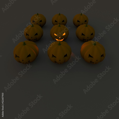 3d illustration rendering of nine Halloween pumpkins square grid with one illuminated
