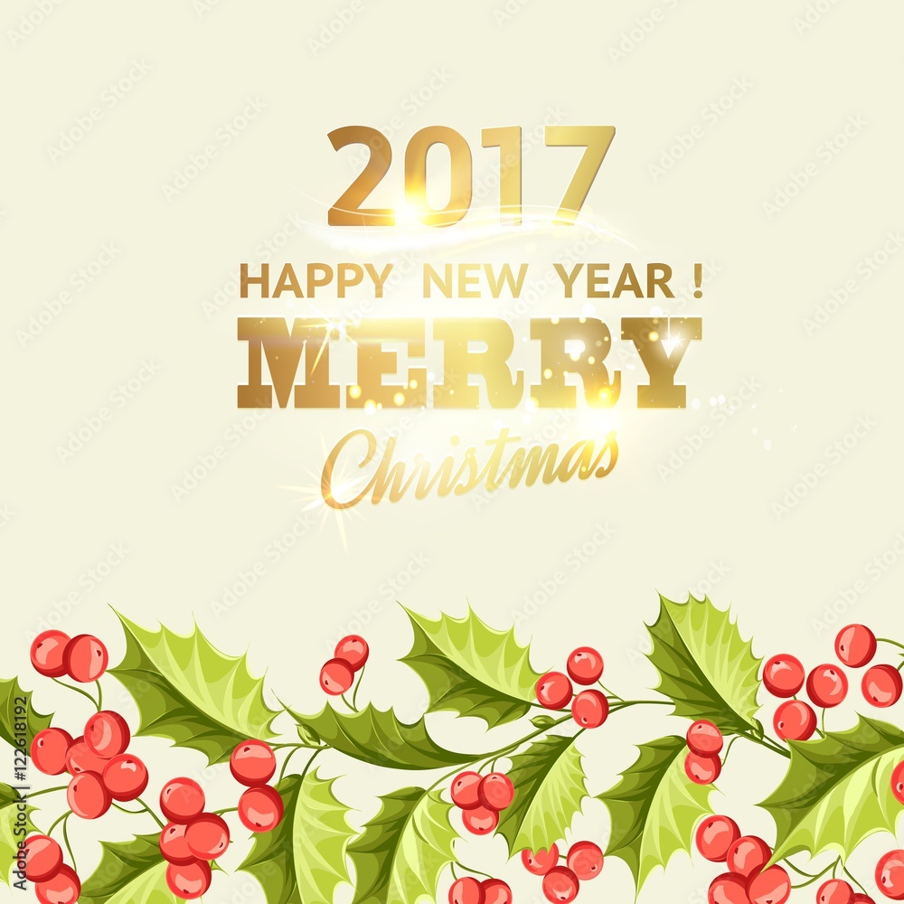 Obraz premium Merry christmas card with line border of misletoe wreath. Happy new year 2017. Christmas flower frame. Vector illustration.