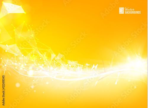 Abstract particles over orange background with shining sparks. Wireframe mesh polygonal element. Wavy abstract orange background for your design. Vector illustration, contains transparencies.