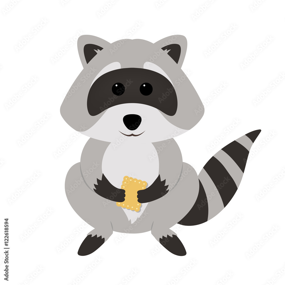 Funny raccoon holding cookie, isolated on white background. Adorable