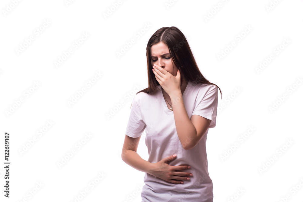 Closeup portrait of young unhappy, annoyed, sick woman about to chuck, throw up, retch barf, hurl isolated on white background. Closeup portrait of young unhappy, annoyed, sick woman about to chuck, throw up, retch barf, hurl isolated on white background.