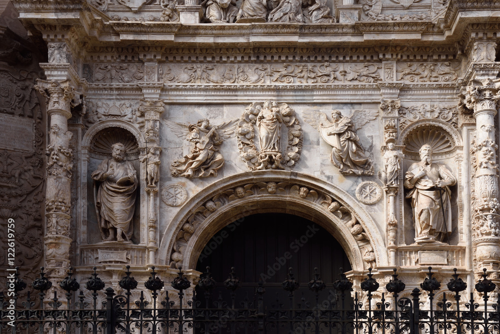 Entrance (Renaissance style) of Collegiate church of Santa Maria la Mayor, Calatayud. Zaragoza province, Aragon, Spain