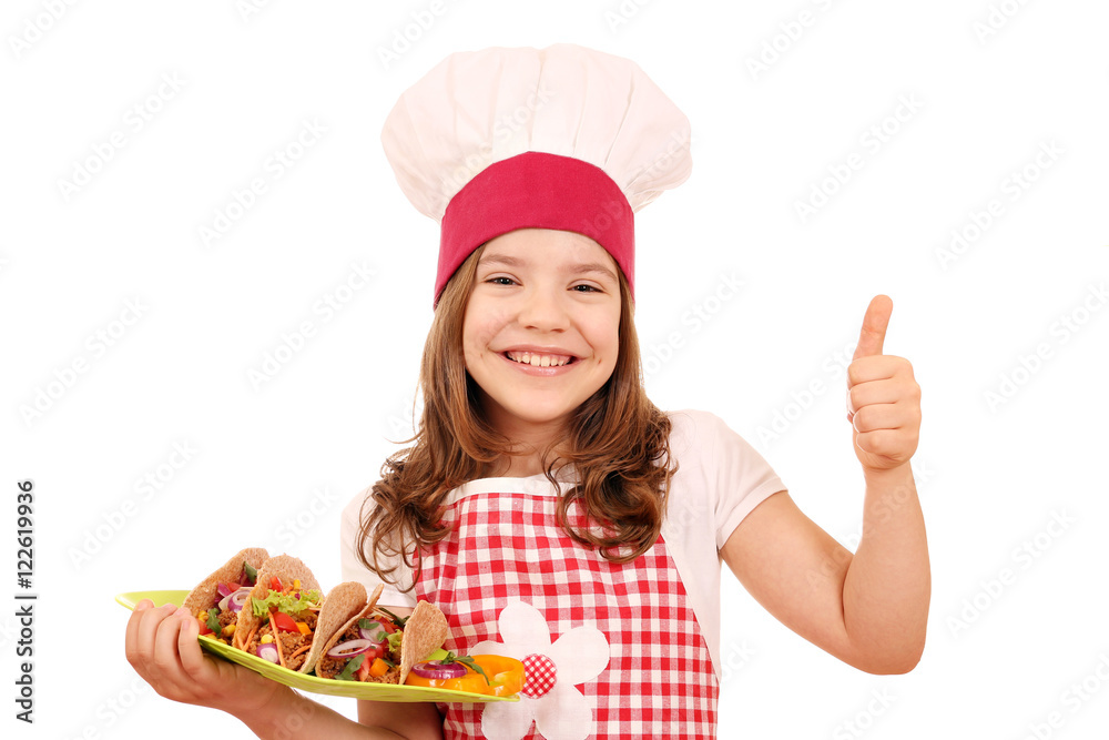 happy little girl cook with tacos and thumb up happy little girl cook with tacos and thumb up