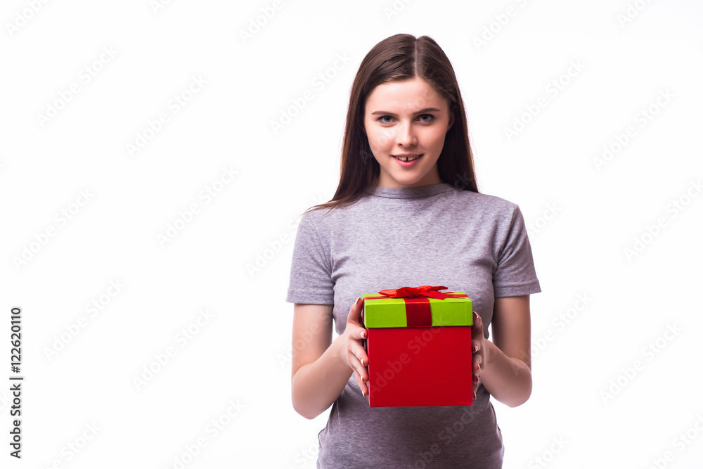 portrait of young beautiful woman with gift box isolated on white background portrait of young beautiful woman with gift box isolated on white background