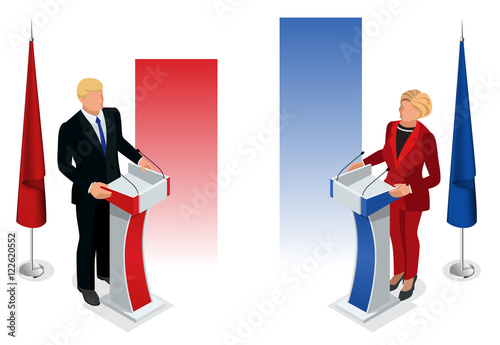 Us Election 2016 infographic Democrat Republican convention hall. Party presidential debate endorsement.