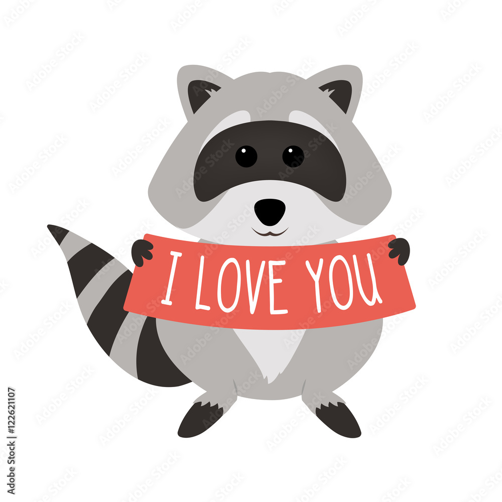 Funny raccoon holding text: I love you, isolated on white background.  Adorable vector raccoon. Cute cartoon pet. Charming baby raccoon. Stock  Vector | Adobe Stock