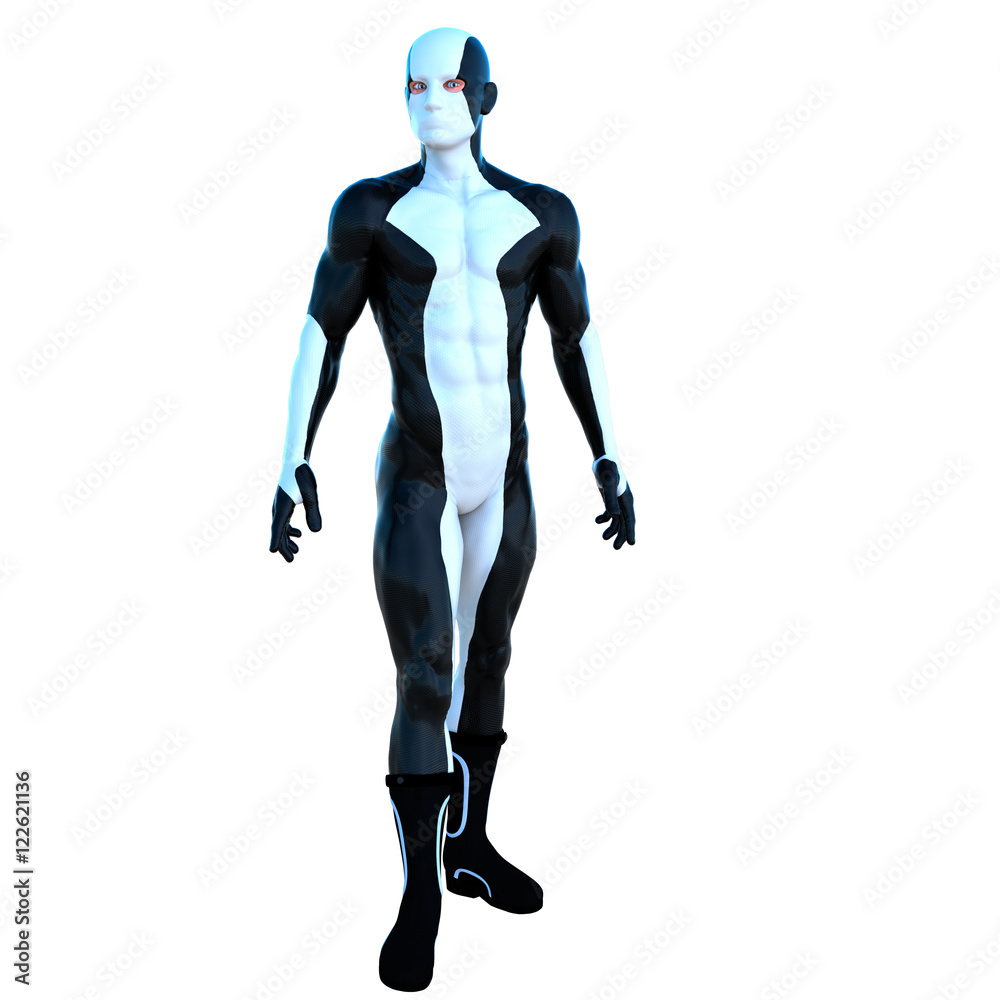 a young strong man in a white and black super suit. He stands and poses for the camera. His head is pointing up