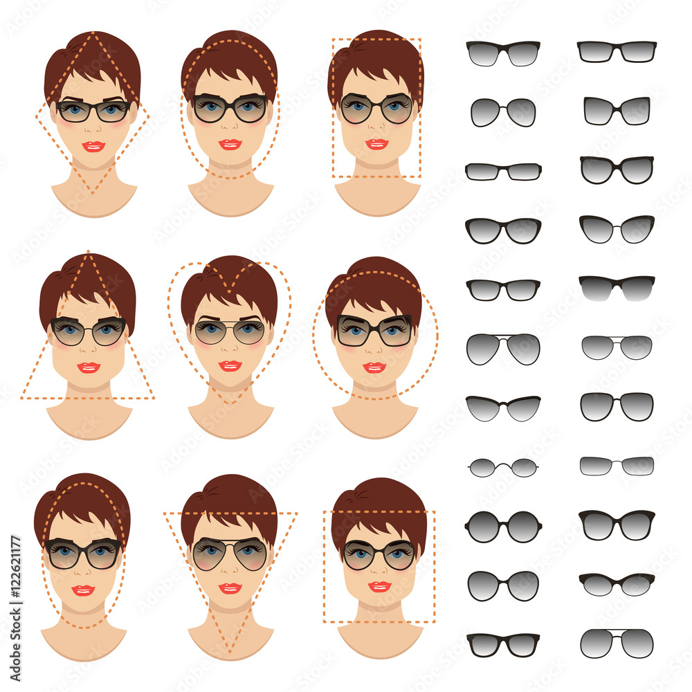 Woman sunglasses shapes for different women face types - square, triangle,  circle, oval, diamond, long, heart, rectangle. Vector icon set. All glasses  with translucent glass. Stock Vector | Adobe Stock