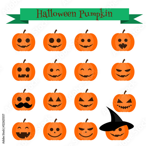 Cute halloween pumpkin emoji icons set. Emoticons, stickers, design elemets