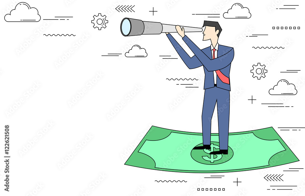 Businessman on dollar note with telescope