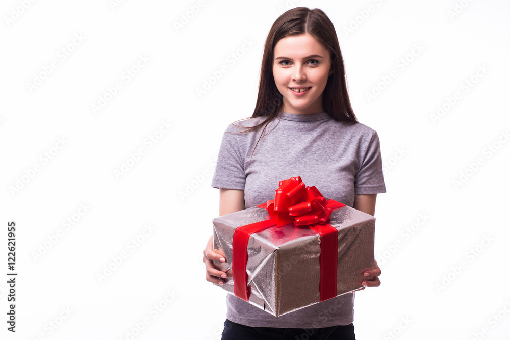 young girl giving a present. isolated over white background young girl giving a present. isolated over white background