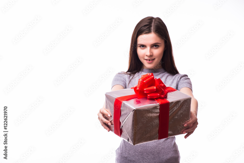 young girl giving a present. isolated over white background young girl giving a present. isolated over white background