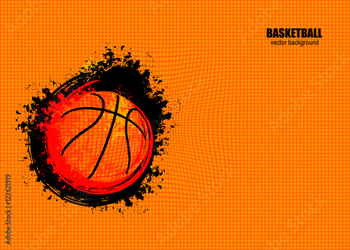 Horizontal banner template for the basketball championship. Abstract 3d background. Bright illustration with grungy ball.