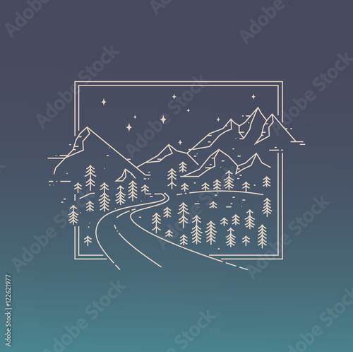 Inspiration linear poster with mountains, road and the stars.