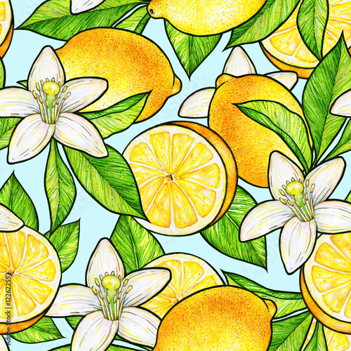 Beautiful yellow lemon fruits and white flowers citrus with green leaves on blue background. Flowers lemon doodle drawing. Seamless pattern