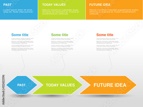 Vector past, today values, future idea diagram schema. Timeline infographic color arrow.