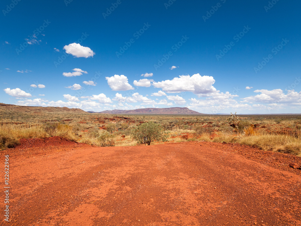 a wide shot of the harsh arid red landscape of the australian outback bush, with a vivid blue sky backdrop