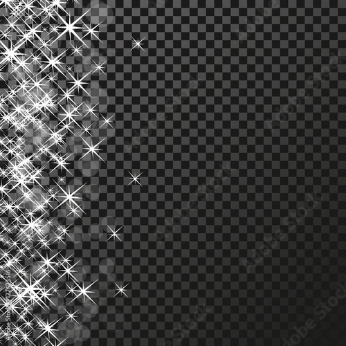 Vector sparkles white symbols on the dark background - star glitter, transparency stellar flare. Shining reflections. Glittering edge.