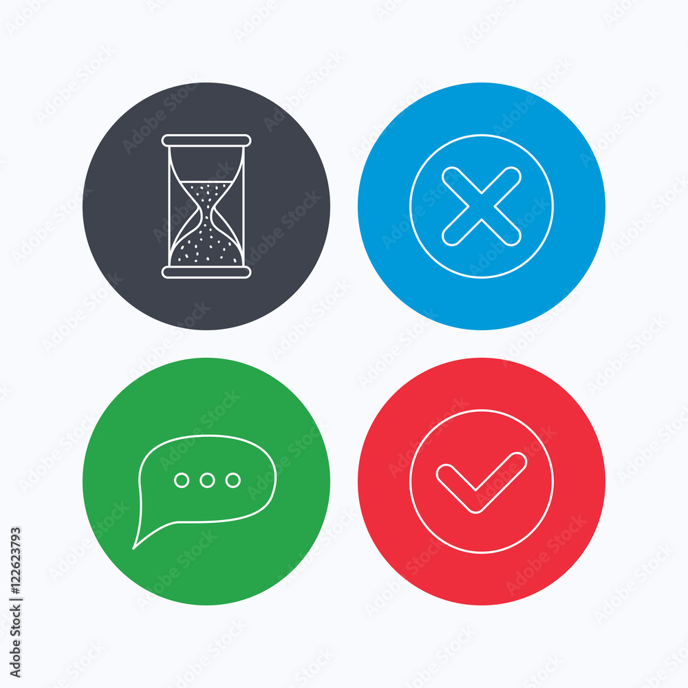 Chat speech bubble, hourglass and check icons. Chat speech bubble, hourglass and check icons.