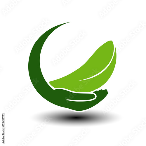 Vector symbol of green energy. Circular natural element with leaf and hand. Nature icon.