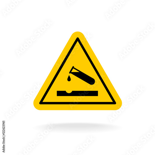 Warning acid sign. Triangle yellow chemistry sticker. Test tube with surface.