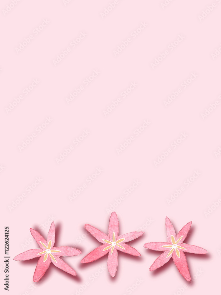 Three pink freehand sketch drawing flowers on pink illustration background